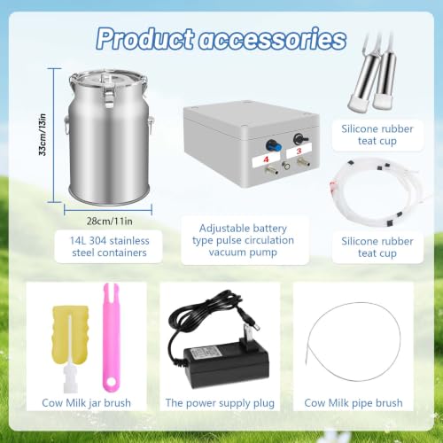Cow Milking Machine, 14 L Milker Machine, Rechargeable Cow Milker Machine with Portable Vacuum Pump, Check Valve Design with Food-Grade Silicone Hose