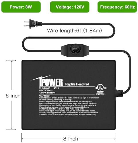 iPower 6 by 8 Inch Reptile Heating Pad with Temperature Adjustable Controller Knob, Under Tank Warmer Terrarium Heat Mat for Reptiles and Amphibians - size: 6 X 8 Inch, style: Heat Pad with Adjust Knob