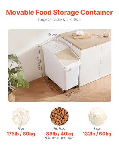 VEVOR 27 Gallon Food Storage Container, 500 Cup Commercial Ingredient Bin | Ideal for Kitchen Rice, Dog Food, Flour, and Sugar Storages, Food-Grade PP, with Wheels, Scoop and Transparent Lid, White - size: 27 Gallon