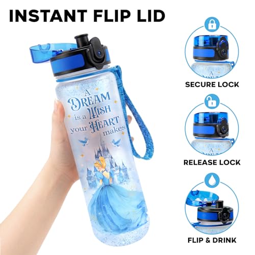 Princess Fairytale Water Bottle 32oz, Cute Magic Hydration Bottle for Girls Teens, Princess Inspired Gift, Reusable Drink Bottle with Time Marker - color: Blue Fairytale