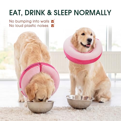 Kuoser Inflatable Dog Cone Collar, Dogs Donut Collar to Stop Licking, M | Soft Dog Cone Alternative After Surgery, Inflatable Pet Neck Pillow Comfortable Recovery E-Collar for Small Medium Large Dogs - color: Rose Latte, size: M (Neck: 11.8" - 15.7")