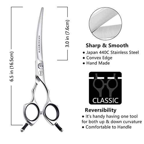 HASHIMOTO Curved Dog Grooming Scissors, 6.5 inch, Trimming Face and Paws. | Sharp, lightweight, 440C Stainless Steel, 30 Degree of Curved Blade - size: 6.5", style: Curved