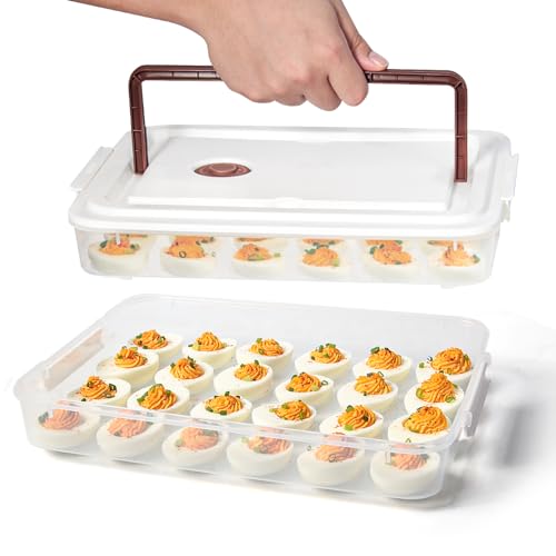 Deviled Egg Containers with Lid, (Set of 2), Plastic Tray Carrier with Handle, Holds Up to 48, Clear Storage Platter for Devil Egg, Portable Fridge Stackable Platter Holder