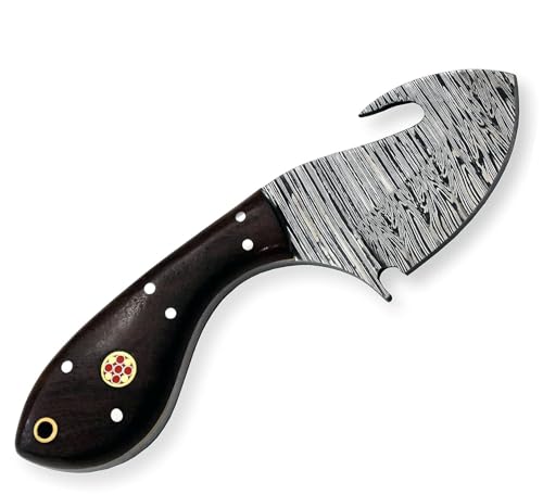 Hercules Custom Hand Forged Damascus Gut Hook Knife with Leather Sheath, Skinning Knife, Fixed Blade Hunting, Camping, Bushcraft, Survival, Outdoor Knives, Walnut Handle (FBK-05) - color: FBK-E