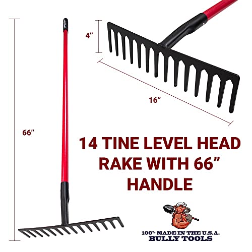 Bully Tools Heavy Duty 16" Level Head Rake with 66" Fiberglass Handle – Ideal Garden Rake for Leaves, Lawn, and Yard – Durable Metal Tool for Grass, Debris, and Leveling Soil - 100% Made in The USA