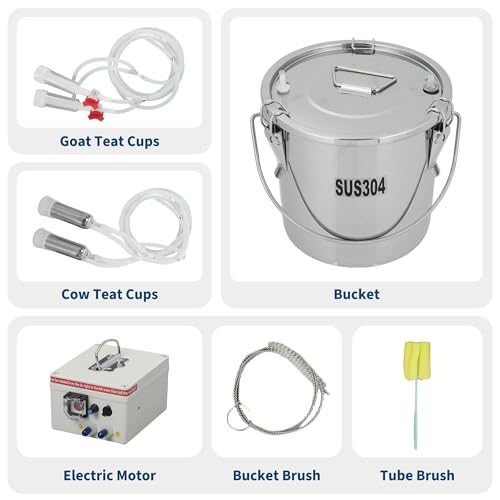 12L Electric Milking Machine for Cows & Goats – Portable Automatic Pulsation Milker – Stainless Steel Bucket – 4 Safe-Grade Silicone Teat Cups – Rechargeable 12V 8000mAh Battery - size: 12L