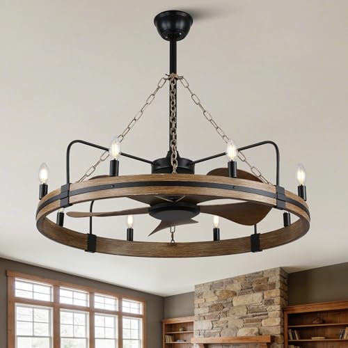 36" Wagon Wheel Chandelier with Fan 8-Lights Farmhouse Chandelier | Rustic Chandelier Ceiling Fan with Lights and Remote, for Dining Room Bedroom Living Room, Reversible Quiet DC Motor 6 Speeds - color: 36" Wagon Wheel