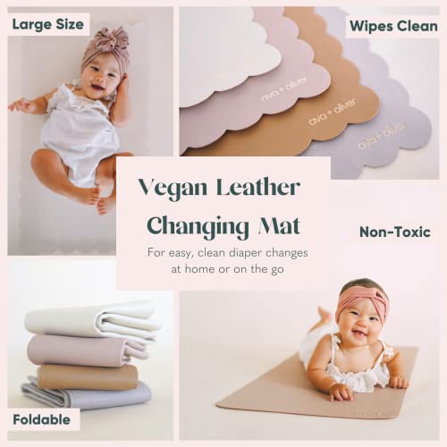 Vegan Leather Baby Changing Mat 16x30in, Wipeable, Foldable, Cream Scallop | Wipeable vegan leather changing mat folds compact for travel, portable multipurpose 16x30in - color: Cream Scallop