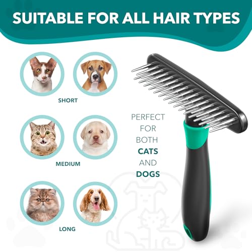 DOGI Deshedding Brush Comb - Undercoat Rake for Dogs, Cats, Short, Long Hair Coats - Double Row Stainless Steel Pins - Reduce Shedding by 90% (Green) - color: Green