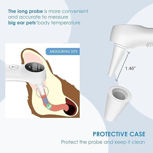 Pet Ear Thermometer for Dogs, Cats, and Livestock, Long Probe Designed, ℃/ ℉ Convert and Sound Switch Dedicated Button, 1 Second Measurement, 20 pcs Pet Swabs Included(White) - color: White