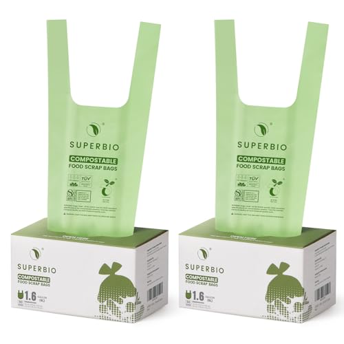 SUPERBIO 1.6 Gallon Compostable Food Scrap Bags with Handles | Handle Tie, Small, 50 Count, 2 Pack, BPI & OK compost HOME - color: 1.6 Gallon Handle Tie, 100 Count (2 Pack)