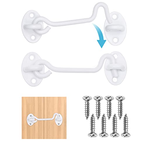 Eco-Fused 4-inch Heavy Duty Hook and Eye Latch - 2X Barn Door Lock (White), 8X Mounting Screws - Powder Coated Stainless Steel Hooks for Door, Windows, Sheds, Fences, Gates, Closets, Cabinets - color: 2 sets: 4 inch - White