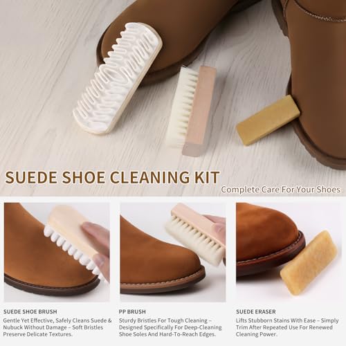 4-Piece Suede Brush Set with Erasers - Wooden Handle Shoe Cleaning Kit Includes PP Brush, Nubuck & Suede Erasers for Shoes, Boots, Bags & Jackets