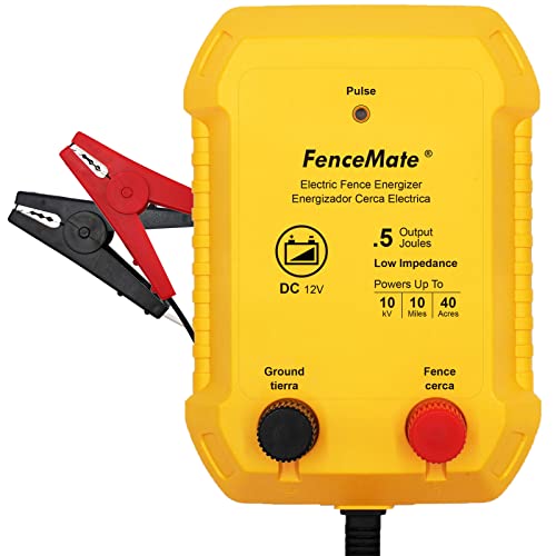 FenceMate Battery Powered Electric Fence Charger Output 0.5J up to 10 Miles | to Contain Poultry, Livestock, Fencer to Protect Homestead, Garden, Pond, Orchard,Peak 10 kV, Low Impedance Fence Energizer - style: 0.5J, 12V battery not included