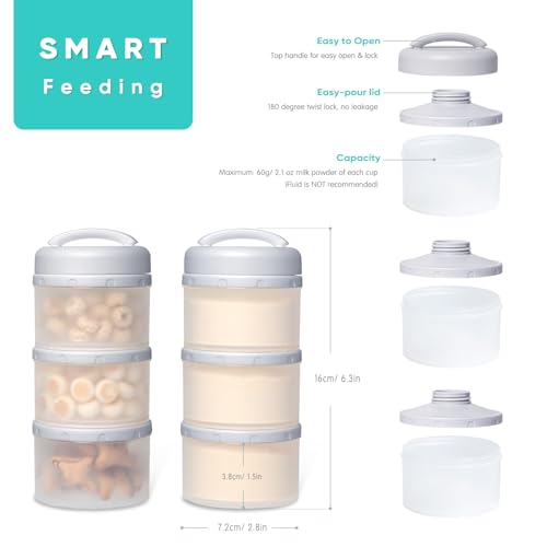 Termichy Stackable Formula Dispenser Portable: Milk Powder Container to go | Separated Compartments Premeasure Storage - Mess-Free Funnel Spout for No-Spill Pouring - for Home or Travel Use - color: Grey