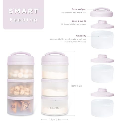 Termichy Stackable Formula Dispenser Portable: Milk Powder Container to go | Separated Compartments Premeasure Storage - Mess-Free Funnel Spout for No-Spill Pouring - for Home or Travel Use - color: Light Purple