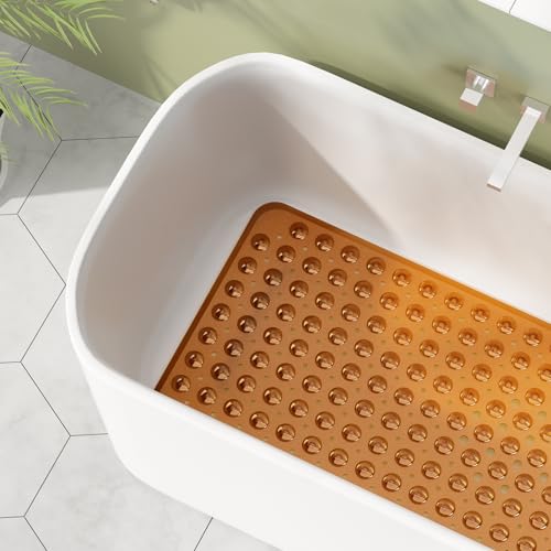 AmazerBath Shower Mat Non Slip 40 x 16 Inches, Shower Stall Mats with Suction Cups and Drain Holes, Non Slip Bath Mat for Tub for Elderly & Kids, Clear Brown - color: Clear Brown, size: 40" x 16" (Rectangular)