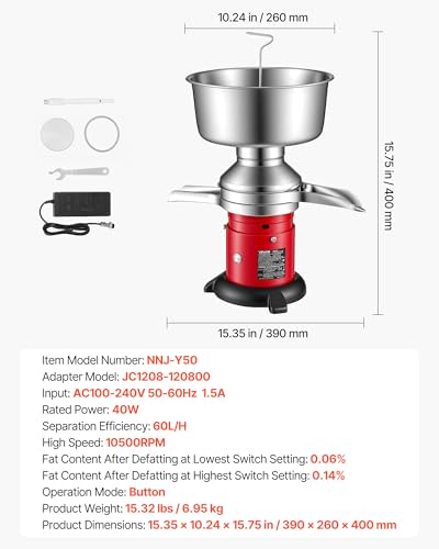 VEVOR Electric Milk Cream Separator, 60L/H Output 10500RPM Milk Cream Centrifugal Separator, 304 Stainless Steel Goat Cow Milk Skimmer Separating Machine with 4.5L Bowl Capacity (40W, 100-240V) - size: Round Base