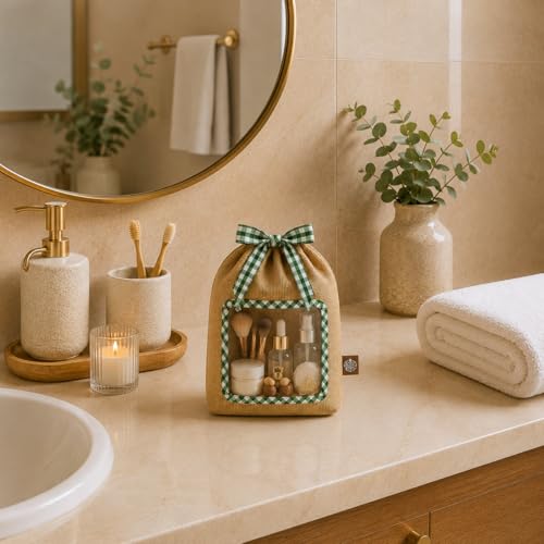Reusable Jute Produce Bag with Food-Contact-Safe TPU Window – Rustic Farmhouse Pantry Storage Bag – Natural Burlap with Gingham Trim – Small & Large Sizes (green, small)