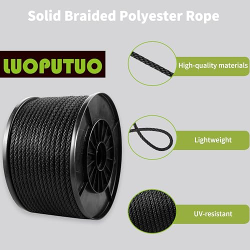 5/16 Inch × 250 FT Black Polyester Solid Braid Rope – UV & Abrasion Resistant, Low Stretch, Multipurpose for Flagpole Halyard, Clothesline, Camping, and Utility Tasks - size: 5/16 In×250 FT