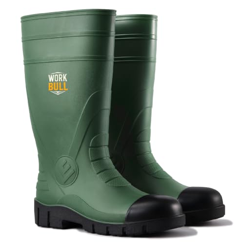 Men's Steel Toe Rain Boots, Waterproof Knee High Work Boots | Slip & oil resistant outsole for construction, farm and industrial work. - color: Green, size: 9