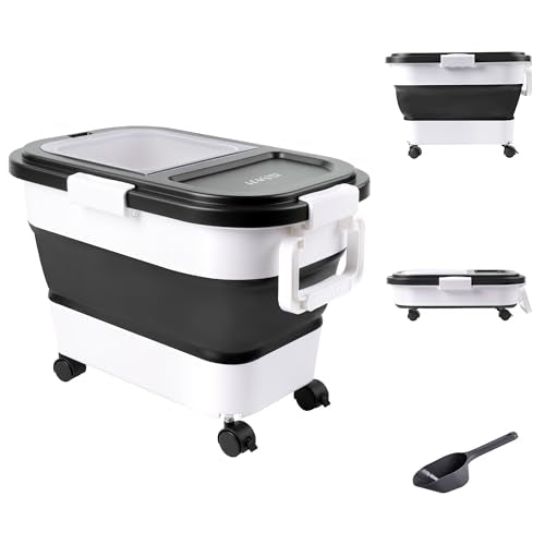 Dog Food Storage Container 20-25lbs, Airtight Pet Food Bin with Locking Lid & Clear Window, Collapsible Rolling Storage Container with Wheels and Scoop, Black - color: Black-M