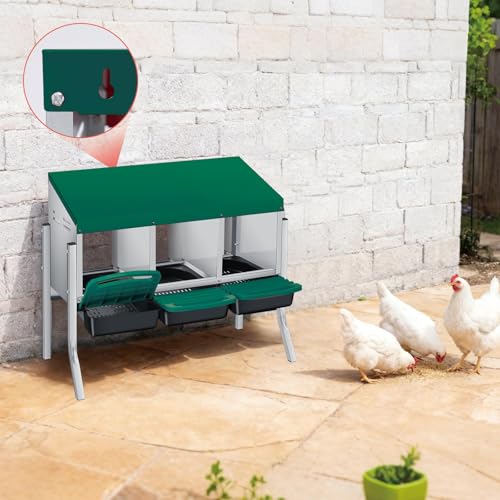 Galvanized Steel Chicken Nesting Box 3 Compartment with Pull Out Tray, Roll Away Nest Boxes for Laying Hens Egg Collection, Wall Mount Poultry Nest Box for Coop with Handle, Green, with Legs - color: Green, size: 3 Compartments with Support Legs