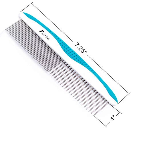 Pet Comb for Dogs and Cats, Stainless Steel Teeth Detangling Grooming Comb | Pets Hair Dematting Deshedding Brush, 7 1/4", Wide & Narrow Teeth, Non-Slip Handle, Remove Tangles, Mats, Knots & Loose Fur