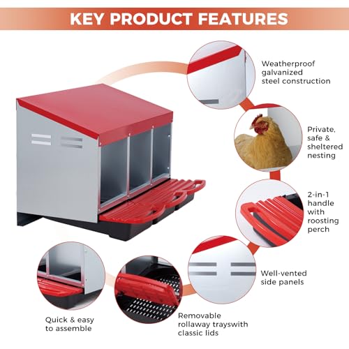 Chicken Nesting Boxes with Cleanable Pull-Out Trays, 3-Hole Wall Mount Roll Away Nest for Easy Cleaning & Egg Collection - size: 3 holes