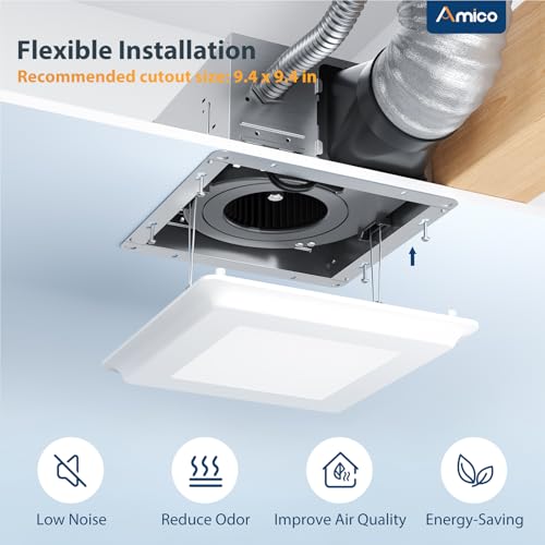 Amico Bathroom Exhaust Fan with Light, 110 CFM, 1.0 Sones, 5CCT, Easy Retrofit without Attic Access, Adjustable Bathroom Fan with light, Quiet Operation, ETL & FCC Certified | Easy Retrofit without Attic Access, Adjustable Bathroom Fan with light, Quiet O