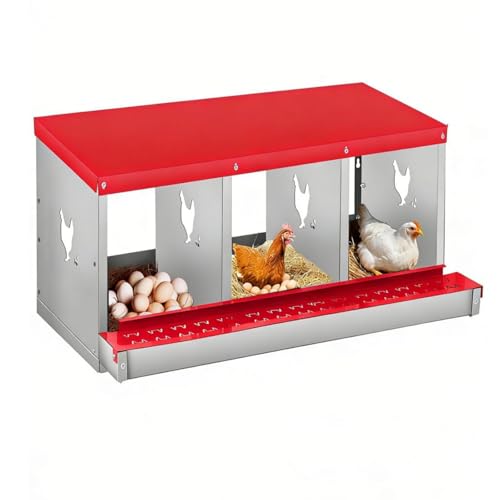 3-Compartment Chicken Nesting Box, Heavy Duty Galvanized Steel Poultry Nest Box, Wall Mount/Freestanding Design for Hens, Ducks, Backyard Homesteads & Farm Use, Red, 10 Mats &4 Eggs, No Stand - color: Red, size: 3 Room&Mat eggs