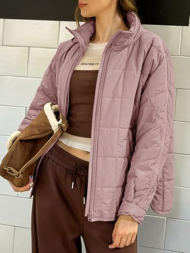 GeGekoko Women's Lightweight Oversized Long Sleeve Zip Water Resistant Packable Puffer Jacket Warm Short Winter Coat - color: Pink, size: X-Large