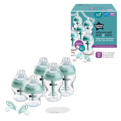 Tommee Tippee Advanced Anti-Colic 10 Piece Bottle and Pacifier Set, 5 and 9 oz BPA Free Bottles, Newborn 0+ months, Slow & Medium-Flow Breast-Like Nipples, 3 Travel Bottle Lids, 2 Ultralight Pacifiers | 5oz & 9oz BPA Free Bottles, Slow & Medium Flow Breas
