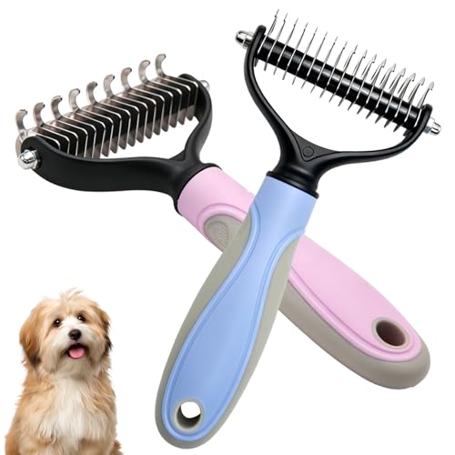Pet Pro Grooming Tool, 2-In-1 Double-Sided Grooming Tool, Sided Deshedding Dematting Tool, Undercoat Rake for Dogs & Cats, Extra-Wide Dog Grooming Brush & Deshedder Comb for Long Hair(Blue + Pink)