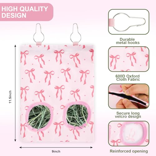 JarThenaAMCS 2Pcs Rabbit Hay Feeder Bag with 2 Holes Pink Bow Guinea Pig Hanging Hay Feeding Bag Storage Dispenser for Chinchilla Hamster Bunny Small Animal Pet - size: 11.5 x 9 inch