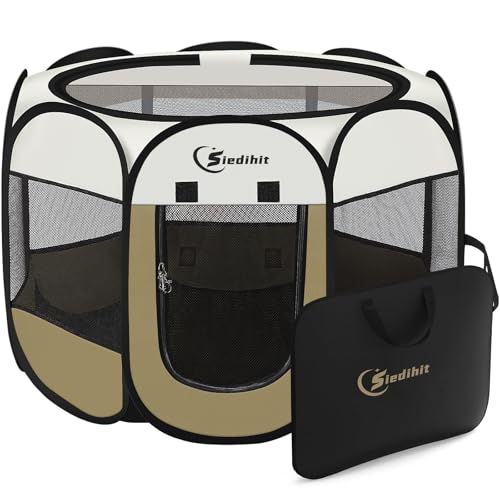 Siedihit Dog Cat Playpen, Small Puppy Pet Playpen, Dog Crate Tent Cage | Indoor/Outdoor, Portable Pop Up Dogs Kennel Playpen with Carrying Case for Dogs/Cats/Rabbits(Khaki, Small ) - color: Khaki