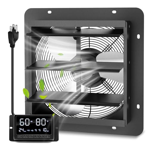 12" Wall Mounted Shutter Exhaust Fan with Thermostat - Temperature Humidity Controller, EC Motor, Aluminum Auto Shutter Ventilation Fan, Attic Vent Fan, Coops, Greenhouse, Barn, Shed Ventilator - size: 12"