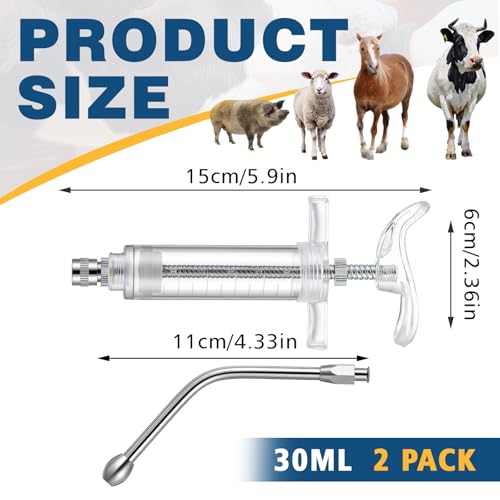 Threlaco 30ml 2 Pcs Drench Gun for Goats, Sheep & Cattle, Clear | Reusable Small Goat Drench Syringe, Adjustable Veterinary Medicine Feeding Syringe, Continuous Dosing for Livestock, Horse - color: Clear, size: 30ml