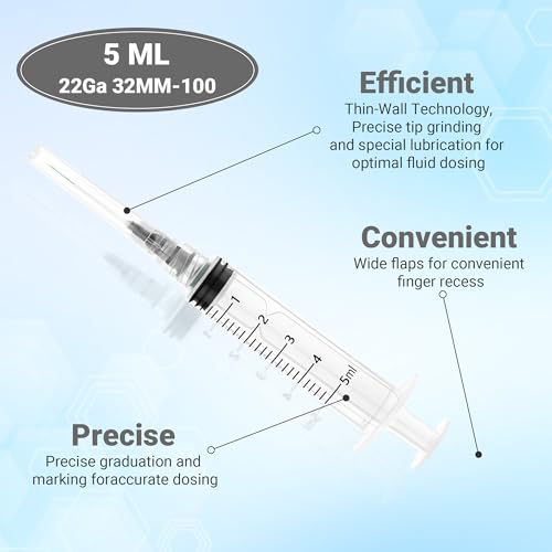 100 Pack 5ml 22Ga 1.25 Inch Industrial Syringes, Plastic Disposable Syringe for Scientific Labs, Liquids Refilling and Measuring - style: 5ml-22G 1.25"