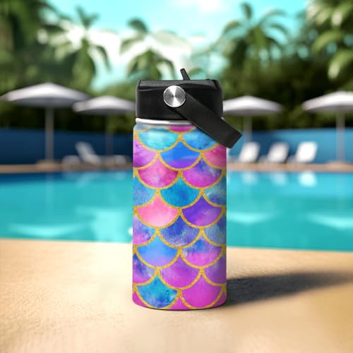 SANDJEST Mermaid Water Bottle for Girls Kids Kid Insulated Water Bottles 12oz Stainless Steel Travel School Tumbler Double Wall Vacuum Cup with Straw - color: Mermaid Scale