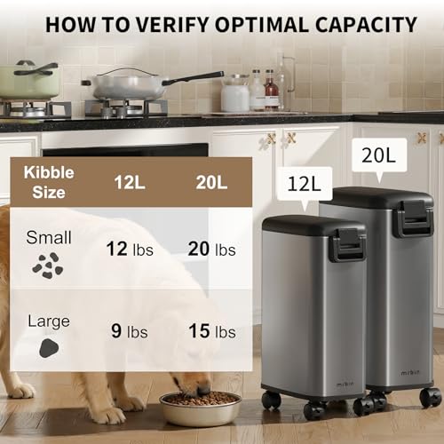 MRBIN Pet Food Storage Bin, Dog Food Bin 12L with Scoop Airtight Pet Food Container Stainless Steel with Wheels, Eclipse Grey
