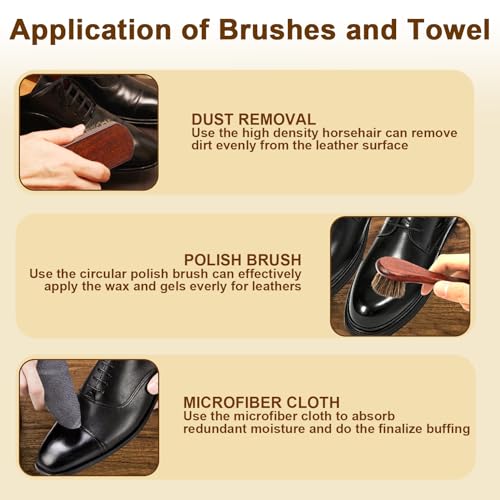 3-Piece 100% Horse Hair Shoe Brush Kit for Leather Care – Professional Dauber Applicators and Polishing Brushes with Cleaning Cloth for Leather Shoes, Boots, Bags, Jackets & Car Detailing