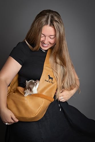 Noah & Paw Dog Sling Carrier for Small Dogs 3-10lb, Dog Sling for Small Dogs and Cats, Dog Carrier with Adjustable Padded Strap, Vegan Leather Lined with Fur, 3X Safety Features, Machine Washable - color: Camel, size: 15.0"L x 6.0"W x 5.5"H