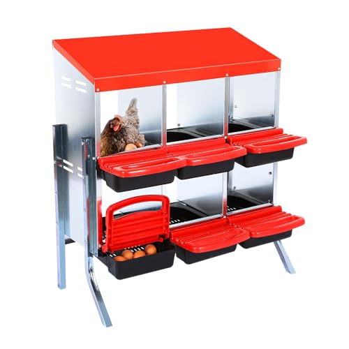 Chicken Nesting Boxes, 6 Holes Metal Chicken Egg Laying Box with Swing Perch and Rollout Egg Collection,for Various Chicken Breeds with Stand - Red 0.6mm - color: Red 0.6mm-6 Holes, size: With Stand