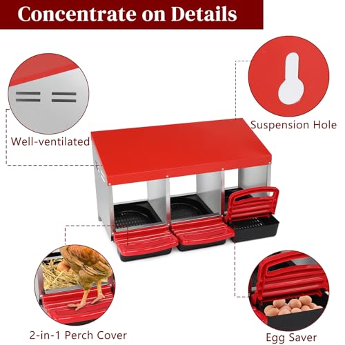 VINGLI Chicken Nesting Box 3-Compartment Roll-Out with Plastic Baskets, Egg Nesting Boxes for Hens, Chicken Coop Laying Box, Red