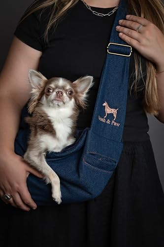Noah & Paw Dog Sling Carrier for Small Dogs 3-10lb, Dog Sling for Small Dogs and Cats, Dog Carrier with Adjustable Padded Strap, Premium Denim, Lined with Fur, Double Safety Feature, Machine Washable - color: Dark Blue, size: 15.0"L x 6.0"W x 5.5"H