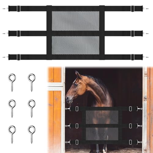 Stall Guards for Horses 57 x 18 Inch Adjustable Nylon Mesh Gate with 6 Snap Hooks and Screw Eye Hardware Black Barn Door Barrier for Stable Entry Portable Equine Stall Opening Access Divider