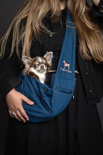 Noah & Paw Dog Sling Carrier for Small Dogs 3-10lb, Dog Sling for Small Dogs and Cats, Dog Carrier with Adjustable Padded Strap, Premium Denim, Lined with Fur, Double Safety Feature, Machine Washable - color: Light Blue, size: 15.0"L x 6.0"W x 5.5"H