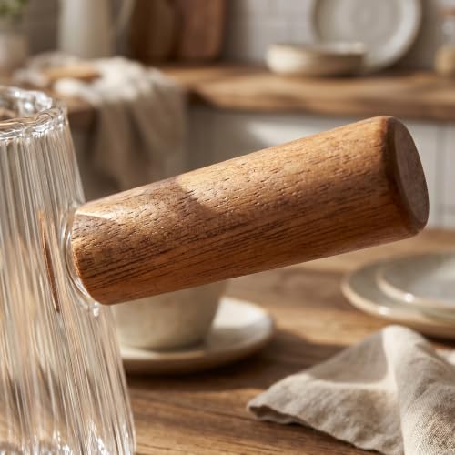 Kichvoe Glass Coffee Pourer 6oz with Wooden Handle, Espresso Measuring Cup | Heat Resistant Borosilicate Glass Milk Frothing Pitcher with Dual Scale, Creamer Cup for Coffee Bar, Latte Art & Baking