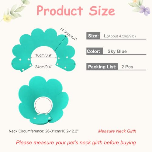 Felt Cat Recovery Collar, Cute Flower Cat Recovery Collar Adjustable Recovery Cones (2Pcs, L 10.2-12.2inch, Sky Blue) for Small Dogs Kittens Cats - color: Blue, size: L（4.5 KG/9 lb and above）